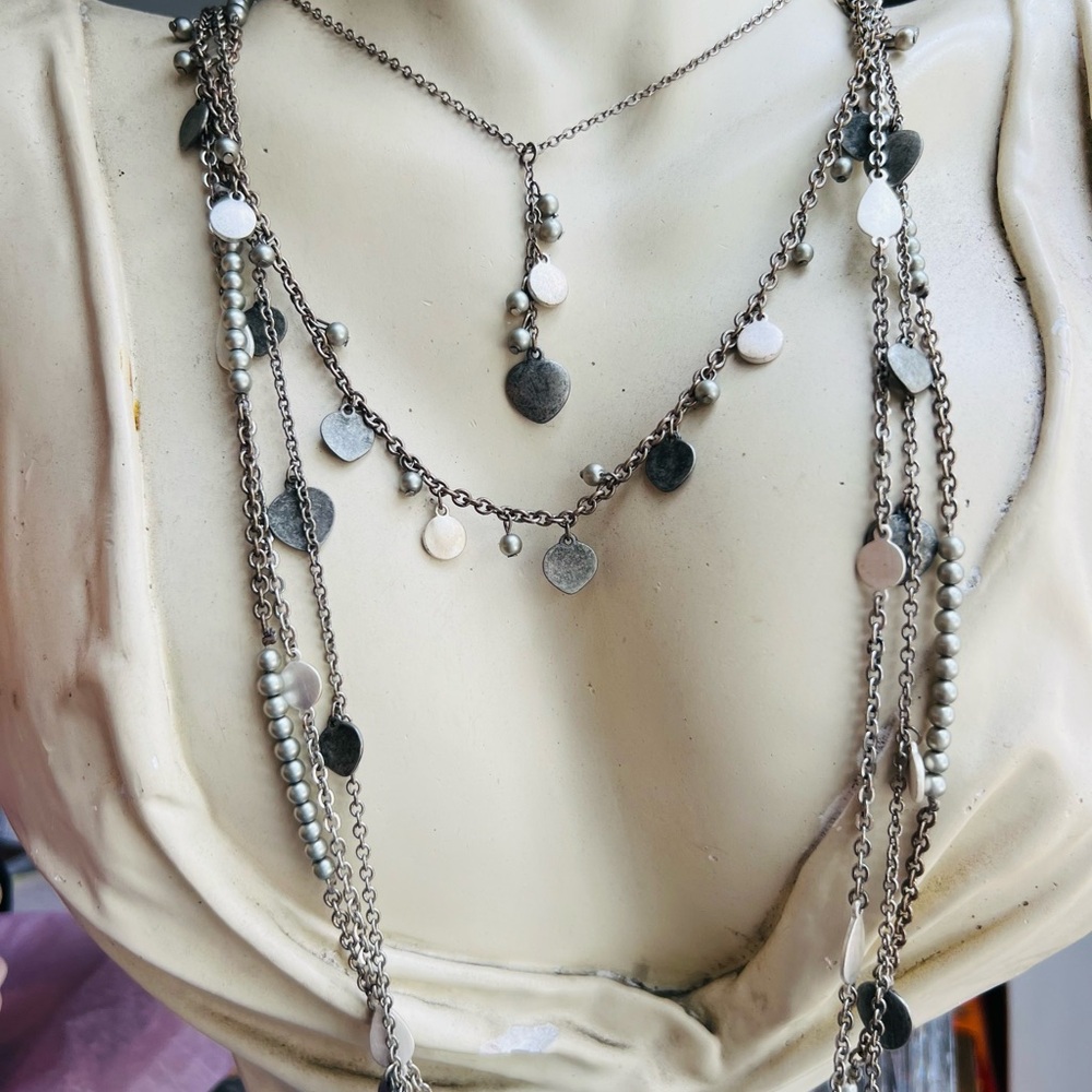 Silver and White Layered Necklace Set with Intricate Chains